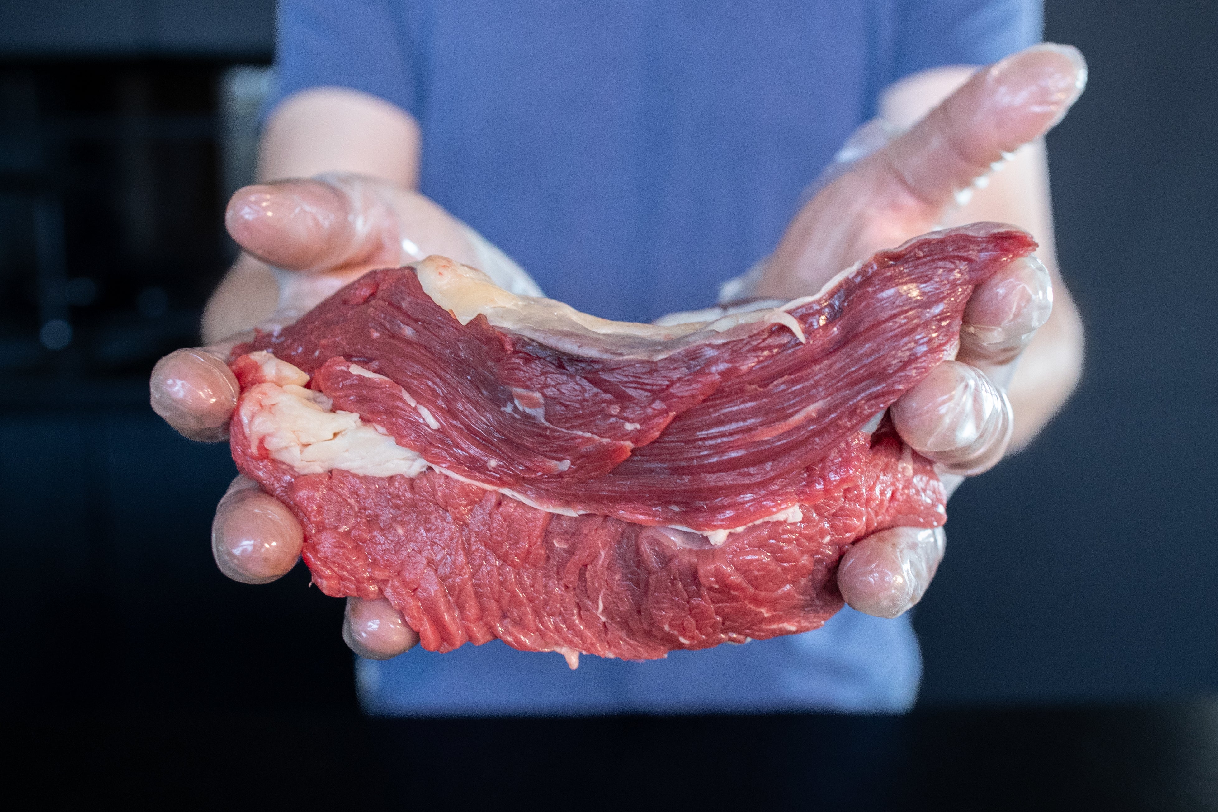 Řezník drží hovězí kližku Fox Meadows – kvalitní maso pro dokonalé pomalu tažené pokrmy