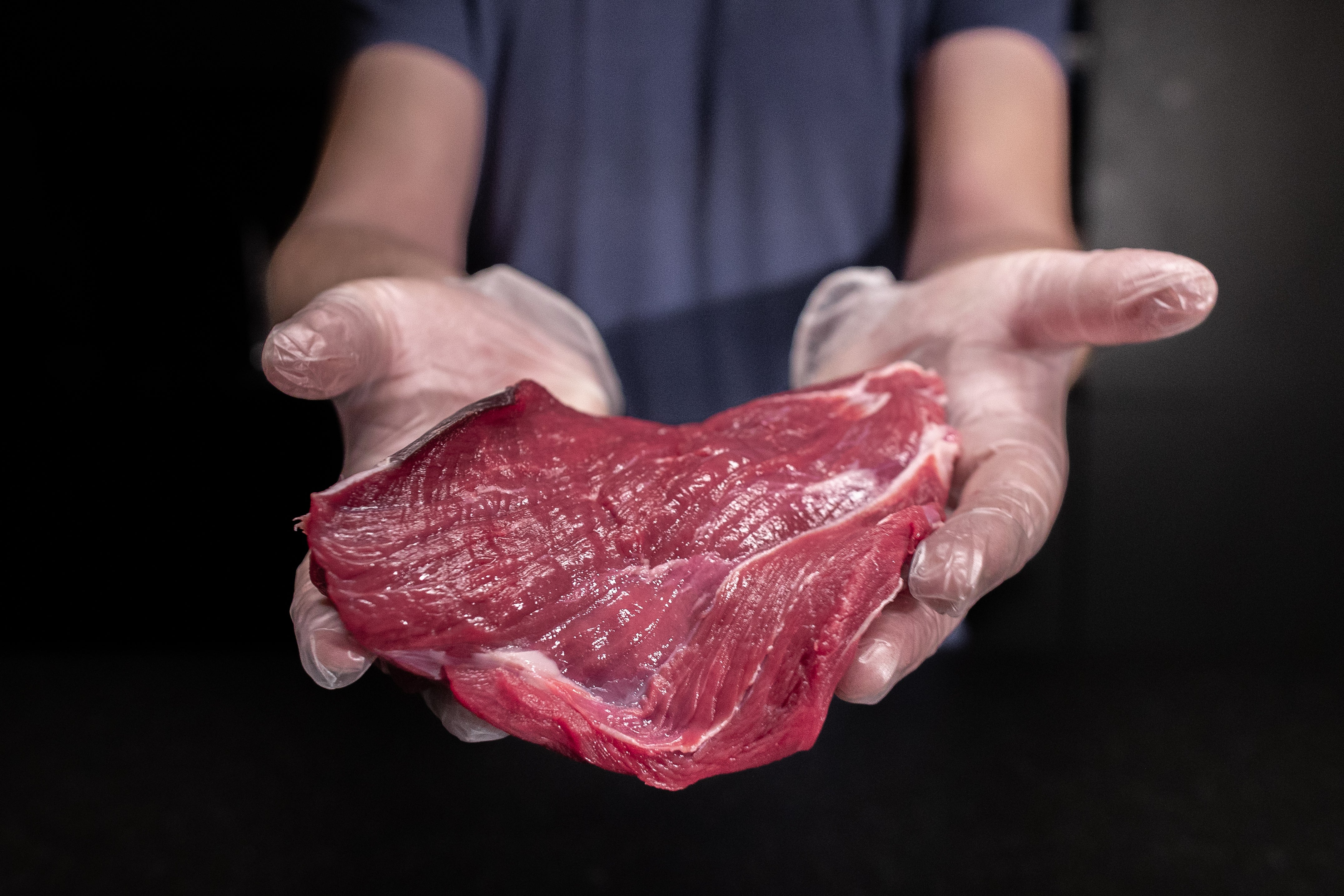Řezník drží hovězí rump steak Fox Meadows – kvalitní maso pro perfektní steaky
